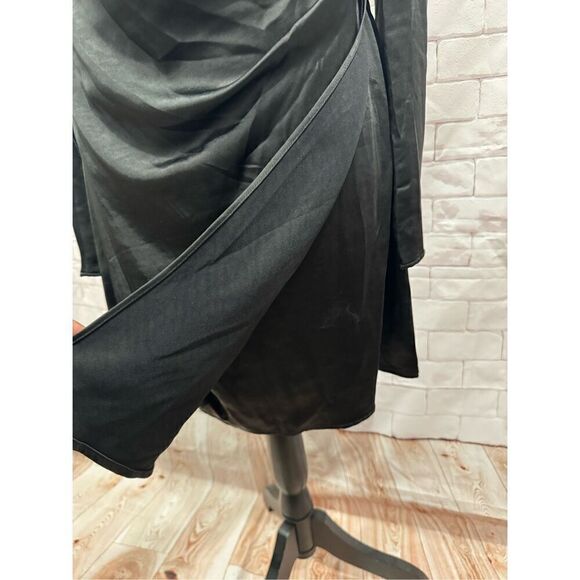 Black Cold Shoulder Long Sleeve Mini Dress Wrap V Neck Cocktail - Picture 8 of 14